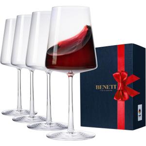 BENETI Wine Glasses Set of 4 | 17oz Handmade Luxury Crystal Red & White Long Stem Glass | Unique Modern Shape, Packaged In Beautiful Gift Box