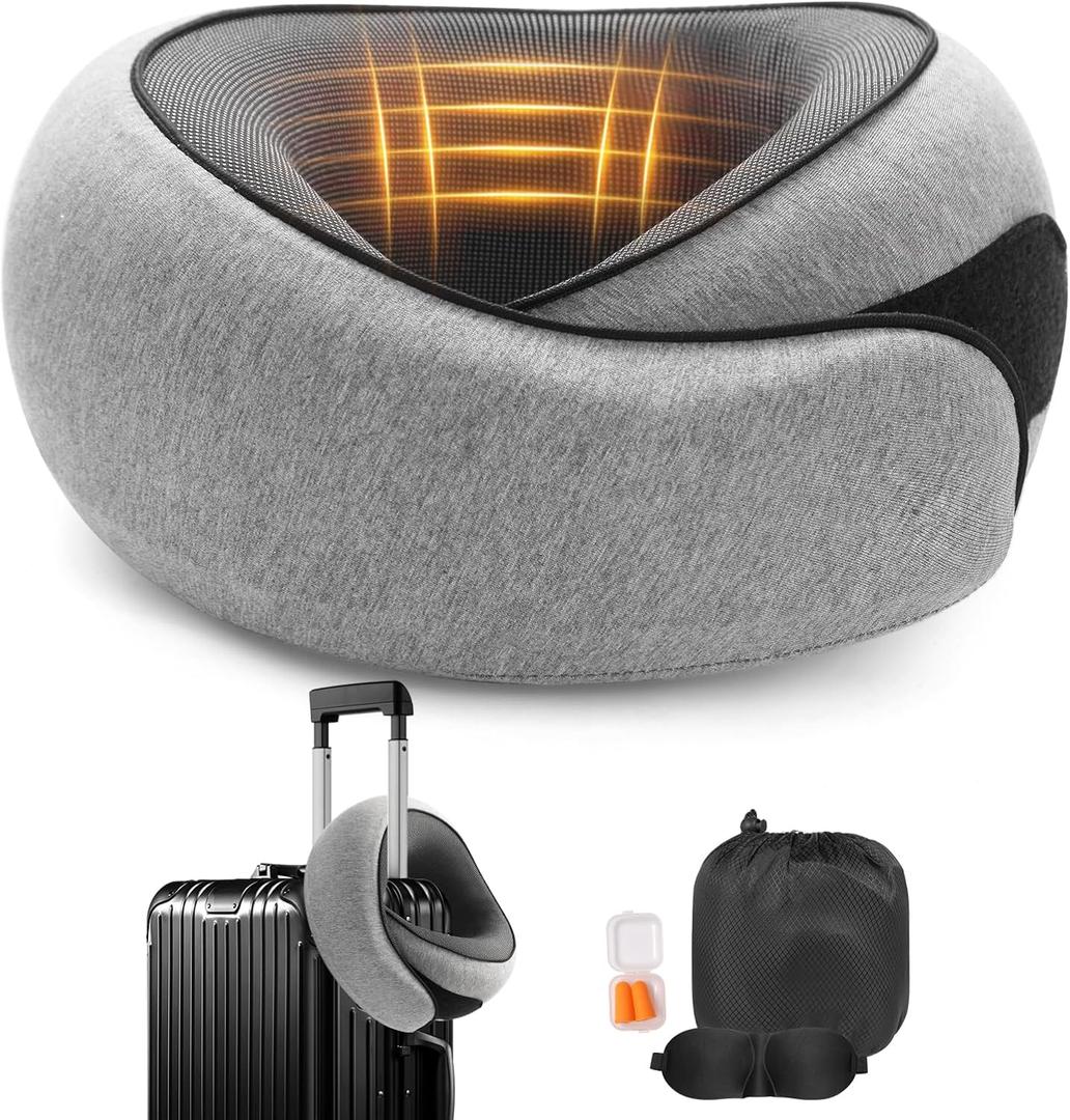 Travel Neck Pillow, Memory Foam Neck Support for Airplane, Car & Office, Breathable Portable Design with Eye Mask, Earplug Holder & Carry Bag, for Men&Women (Gray)