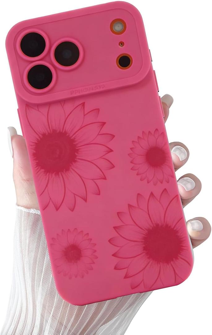 for iPhone 17 Pro Max Case Hot Pink Flowers Floral Print | Shockproof Soft Silicone TPU Protective Cover for Girls Women, Fashion Design with Camera Protection, Wireless Charging