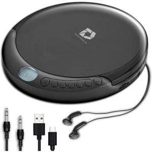 CD Player Portable with 60 Second Anti Skip, Stereo Earbuds, Includes Aux in Cable and AC USB Power Cable for use at Home or in Car