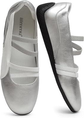 iiimmu Women's Ballet Flats with Elastic Cross Straps Comfortable Slip On Flats Lightweight Casual Walking Shoes for Work Travel Faux Leather (7.5, Silver White)