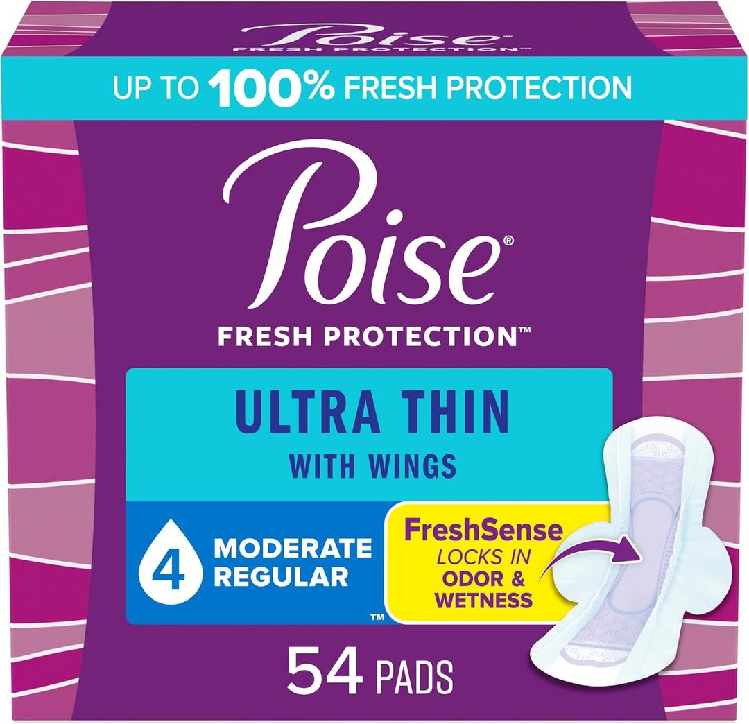 Poise Ultra Thin Incontinence Pads with Wings & Postpartum Incontinence Pads, 4 Drop Moderate Absorbency, Regular Length, 54 Count, Packaging May Vary (REGULAR/WINGED)