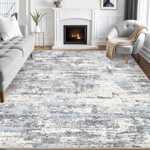 Area Rugs for Living Room: 9x12 Abstract Washable Rug Modern Neutral Large Soft Stain Resistant Non-Slip Backing Machine Table for Bedroom Dining Room Indoor Home Office Carpet - Blue Grey