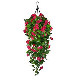 Artificial Fake Hanging Flowers Plants Basket for Spring Outdoor Outside Decoration, UV Resistant Faux Plastic Fabric Flower Morning Glory Wisteria Petunia for Garden Porch Patio Balcony Yard Decor