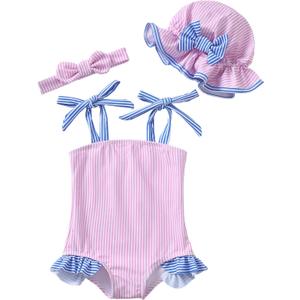Renotemy Baby Girl Swimsuit Toddler Girls One-Piece Swimsuit Summer Beach Bikini Girl Bathing Suits with Hat 0-24 Month (3-6 Months, Pinkstripe)