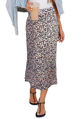 HERBATOMIA Women’s Midi Floral Print Long Boho Skirts High Elastic Waist Zipper Vintage Casual Midi Skirts for Women, L