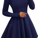 BTFBM Fall Dresses for Women 2025 Long Sleeve High Waist Pleated Flowy A Line Party Wedding Guest Dress Business Casual(Navy, Small)