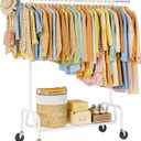 Heavy-duty Clothing Rack with Wheels, Rolling Clothes Rack, Clothes Racks for Hanging Clothes, Metal Standing Garment Racks, White