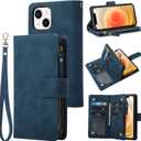 RANYOK Wallet Case Compatible with iPhone 13/14 (6.1 inch), Premium PU Leather Zipper Flip Folio Wallet RFID Blocking with Wrist Strap Magnetic Closure Built-in Kickstand Protective Case (Blue)