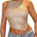 Women's Sparkly Sequin Asymmetrical Halter Tops Glitter Backless Nightclub Party Going Out Crop Top (XX-Small Petite, Gold)