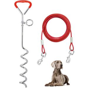 Supet Dog Tie Out Cable and Stake 32/16/10 ft Outdoor, Yard and Camping, for Medium to Large Dogs Up to 125 lbs, 16" Stake, 32/16/10 ft Cable with Durable Spring and Metal Hooks for Outdoor (Red)