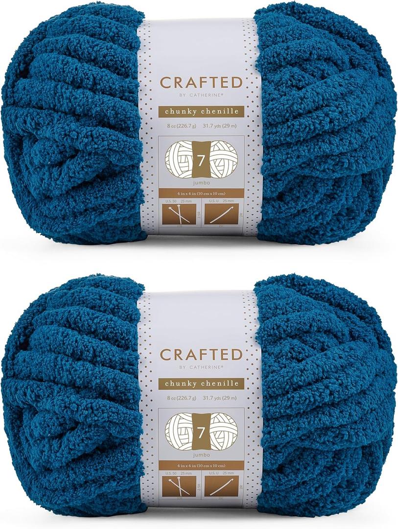 Crafted By Catherine Chunky Chenille Yarn - 2 Pack (8 oz / 227 g, 31.7 Yards Each Skein), Turquoise, Gauge 7 Jumbo