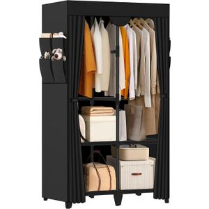 Wardrobe Closet, Quick and Easy Assembly, Black Portable Closet with 2 Hanging Rods 4 Storage Shelves and 8 Side Pockets, Sturdy and Stable Clothes Rack with Cover, for Bedroom and Dormitory, 34 Inch