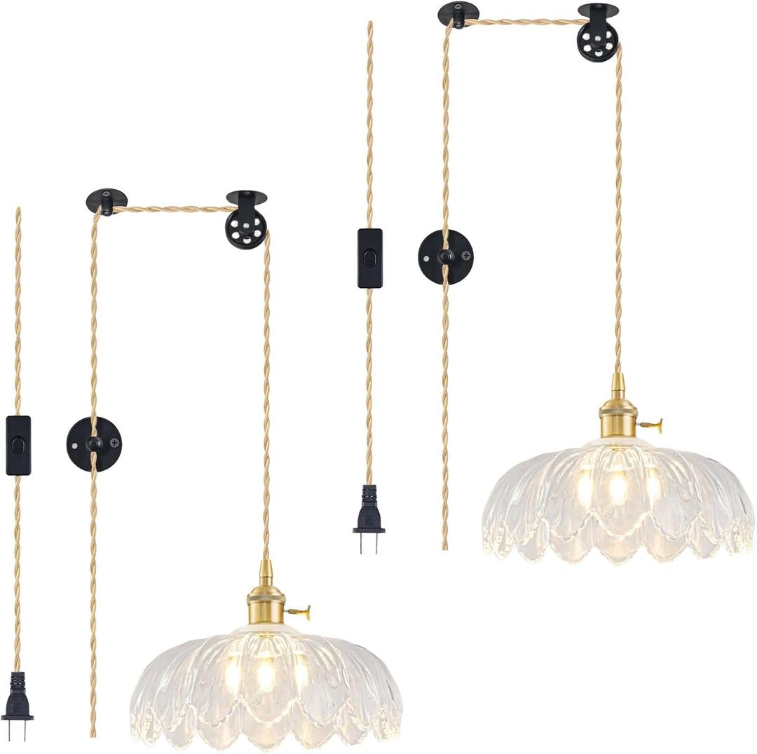 2 Pack Plug in Pendant Light Fixtures, Hanging Light Fixture Glass Pendant Light, Vintage Transparent Hanging Lamp, Pendant Lighting for Kitchen Island, Bedroom, Dining Room, Living Room, Medium