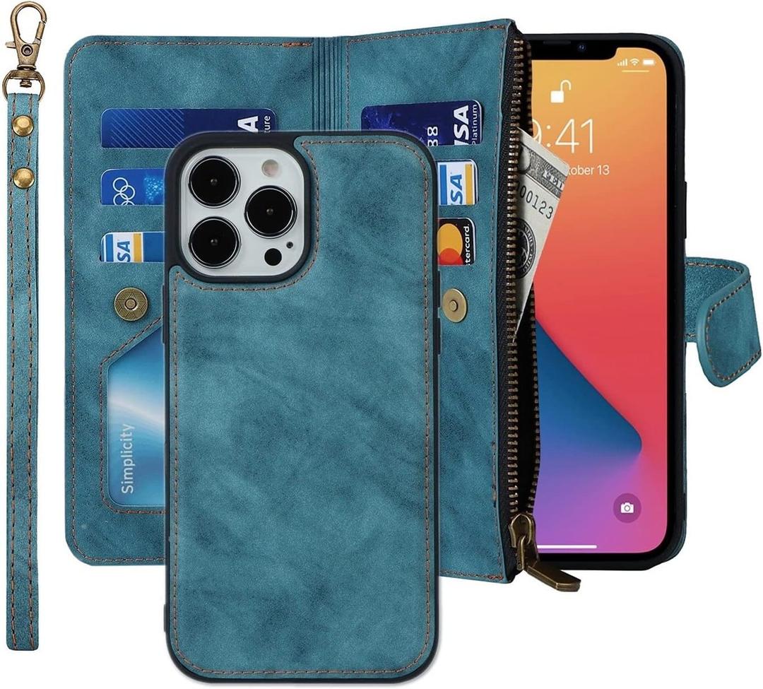 iCoverCase Compatible with iPhone 13 Pro Wallet Phone Case with Card Holder, PU Leather Zipper Pocket Magnetic Detachable Flip Case with Wrist Strap (Blue)
