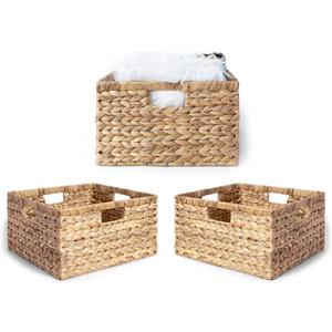Large 14.5 x 13.5 x 8 (Set of 3) Natural Water Hyacinth Woven Storage Baskets, Rectangular Wicker Basket with Built-in Handles, Large (Natural)