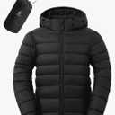 ASPO Men's Packable Lightweight Puffer Winter Jackets Detachable Hood Waterproof Warm Insulated Down Coats Hiking Snow Travel Black, Size: XXL