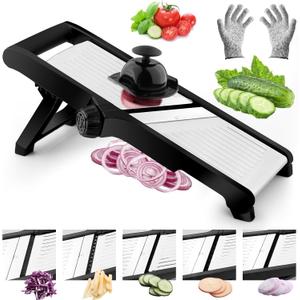 VEKAYA Mandoline Slicer for Kicthen,Adjustable Vegetable Slicer,Food Chopper,Potato Slicer,Mandolin,Tomato Slicer,Veggie Cutter,Stainless Steel Professional with Safety Gloves (Black/Silver)