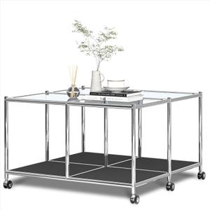 Matte Coffee Table with Open Storage, Square Tempered Glass Storage Rolling Coffee Table, Modern Design for Living Room, Meeting Room (Black)