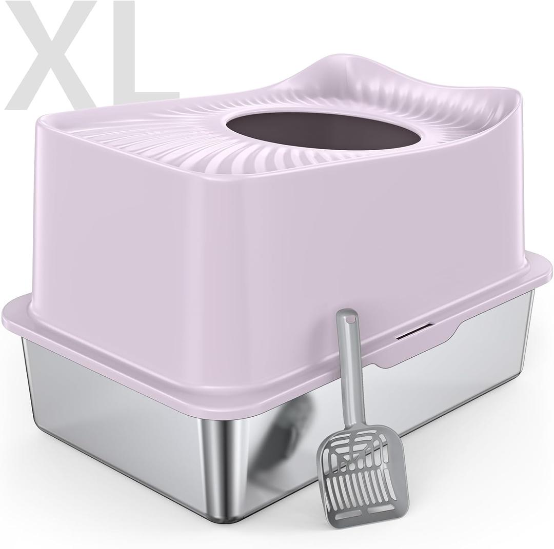 XL Stainless Steel Cat Litter Box Top Entry Extra Large Metal Litter Box with High Side for Big Cats, Multiple Cats, No Odor, Easy to Clean, Anti-Urine Leakage, Dog-Proof, Non-Sticky (8 - Purple (Pack of 1))