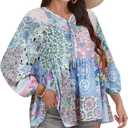 Women Boho V-Neck 3/4 Sleeves Tunic Top Relaxed Fit Casual Print Blouse (Medium, Pink Pattern)