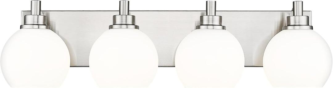 Bathroom Light Fixtures, 4 Light Brushed Nickel Vanity Light, 26 Inch Modern Wall Sconces with Globe Milk White Glass Shade, Vanity Lighting Fixtures Over Mirror, VL195-BN-ML-4