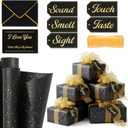 Bafeil 5 Senses Gift Wrapping Paper Set for Him with Labels Envelopes Ribbon Cards, Black with Gold Letters Five Senses Gift for Anniversary Valentine's Day Birthday