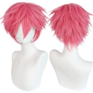 ANOGOL Hair Cap + Short Pink Men Women Wig Naz Reid Cosplay Wigs Kisumi Cosplay Pink Wig for Halloween Party Short HotPink Wigs Christmas Event Costume Party