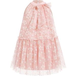 OBEEII Girls Halter Floral Print Tulle Dress Summer Daisy Print Tiered A-line Dress Casual Birthday Bowknot Ruffle Sundress (3-4T, Pink)