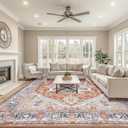 BESTSWEETIE 9x12 Area Rugs for Living Room Washable Non Slip Carpet Low Pile Soft Vintage Print Pattern Rug for Bedroom Dining Room Kitchen Entryway Indoor-Brick/Blue/Light Ivory