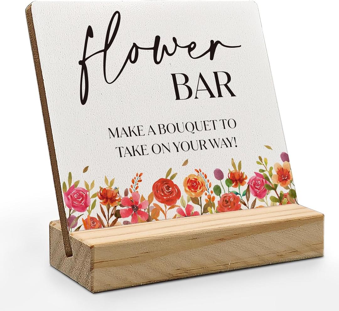 Flower Bar Desk Decor, Bridal Shower Sign Wood Plaque, Wedding Flowers Accessories for Reception Wooden Plaque Sign with Wood Stand for Wedding Reception Table Decor (Red)