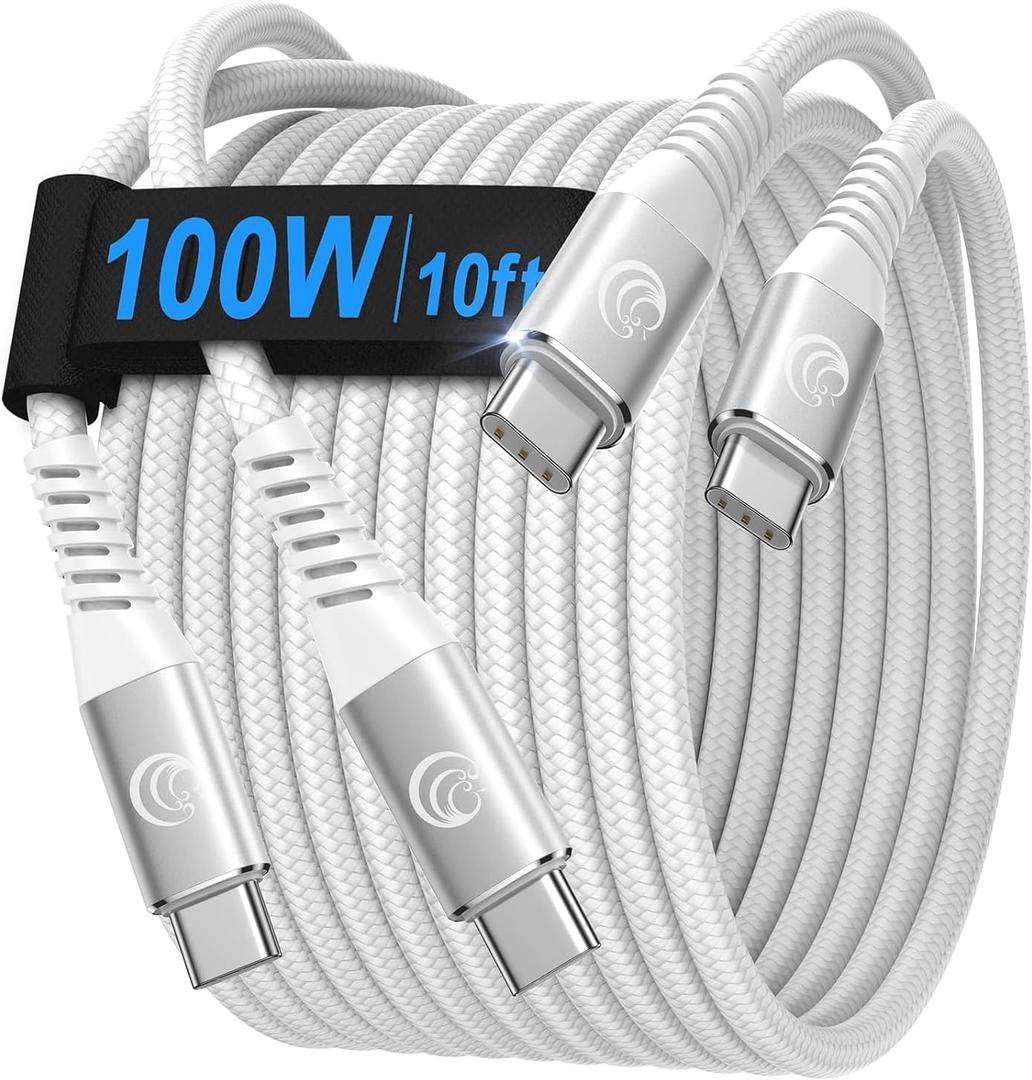 USBC to USBC 100W [10ft/2 Pack] USB C to USB C Fast Charging Cable Braided C to C Charger Cord 5A for MacBook Pro/Air, iPhone 15 Pro Max Plus,iPad Pro,Samsung Galaxy S24 Ultra S23,Pixel,PS5,Switch (White)