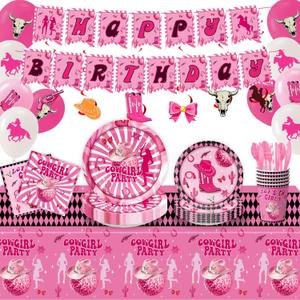 10-Person Cowgirl Birthday Party Decorations Kit - Pink Plates, Napkins, Cups, Cutlery, Banner, Tablecloth - Western Theme Birthday & Holiday Supplies