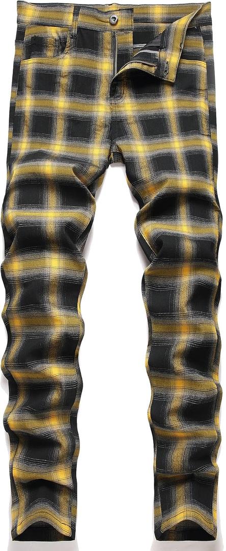 NOVOCCT Plaid Pants for Men - Skinny Mens Dress Pants - Stretch Slim Fit Business Casual Dress Chinos for Men (42, Black Yellow Plaid)