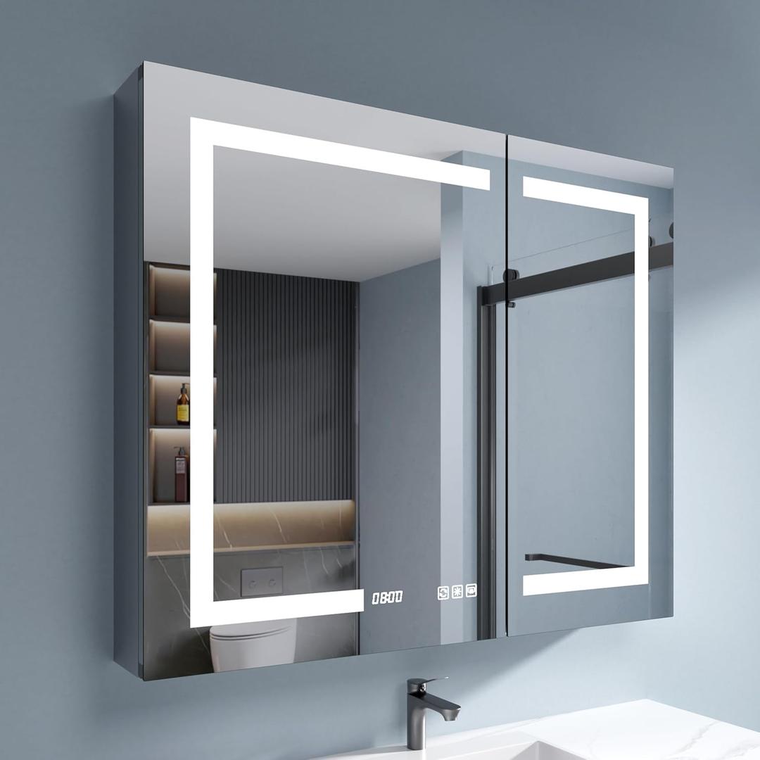 Medicine Cabinet with Lights with Mirror, 36 x 30 Inch Recessed/Surface Wall Mount LED Lighted Medicine Cabinets for Bathroom with Storage, 3 Colour Lights Dimmable Defog, Time/Temp Display
