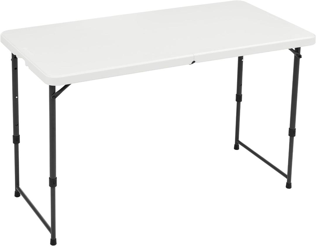 Amazon Basics Portable 4 Foot Rectangular Folding Dining Table, 4 Adjustable Height Settings, Carrying Handle, Indoor & Outdoor, Sturdy for Events, White, 47.8 x 23.9 x 33.9 in