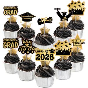 48 Pack Graduation Cupcake Toppers Class of 2026 Graduation Party Decorations,legant Dessert Toppers with 8 Unique Designs, Premium Paper Cake Decor for Grads (Black Glod)