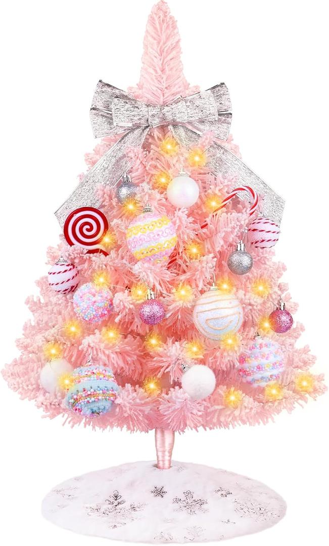 HOMDAILY Mini Pink Christmas Tree with Lights, 2ft Artificial Small Table Top Christmas Tree with Bow, Ball Ornaments and White Tree Skirt, 24 Pcs DIY Xmas Decorations for Kids, Toddler Room