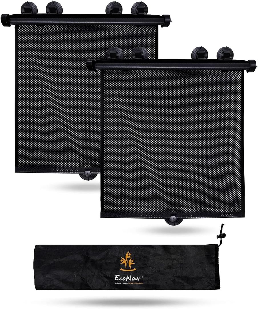 EcoNour Car Window Covers for Baby (2 Pack) | Retractable Car Window Shades for Protecting Kids, Passengers & Pets from Harmful Sun Rays | Window Sun Shade for Trucks, SUVs | (22x24)