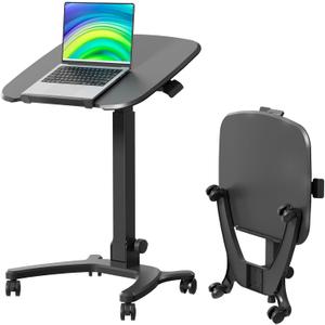 Foldable Mobile Standing Desk, 27"21" Portable Rolling Laptop Cart with 90 Tiltable Board, Height Adjustable Mobile Desk Workstation with Wheels, Folding Table for Home Office, Black