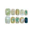 5 x Short Coffin Press on Nails Handmade False Nails with Designs, 3D Hand-painted Reusable Fake Nails Stick on Nail (Golden Green+Pearls, S)