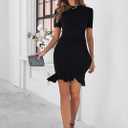Women's Summer Short Sleeve Bodycon Mini Dress Ruched Ruffle Hem Cocktail Wedding Guest Dress (Black, S)