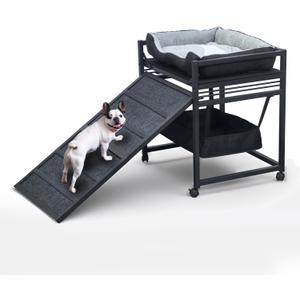 Movable Structure Pet Stairs Ramp with seat Mate Cats/Dogs Chair with ramp high beds, Folding Pet Steps for Large, Medium and Small Dogs, Cat Ladder, with Storage Cabinet