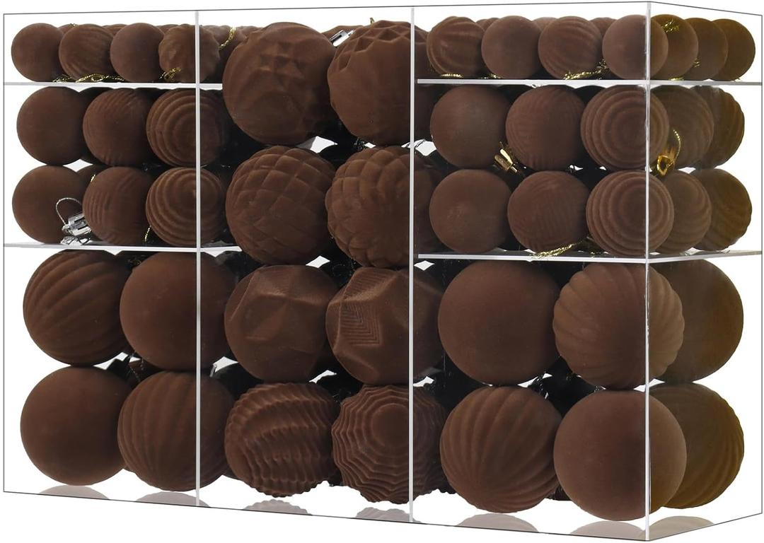 100Ct Brown Velvet Christmas Ornaments for Tree, Shatterproof Flocked Christmas Ball Ornaments Plastic Assorted Xmas Decorations Bulk Set with Pre-Tied String for Holiday (Brown)