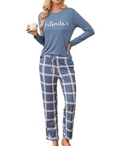 difficort Pajamas Set for Women Long Sleeve Crew Neck Comfy Pjs Lounge Sets with Pockets, Haze Blue, Large