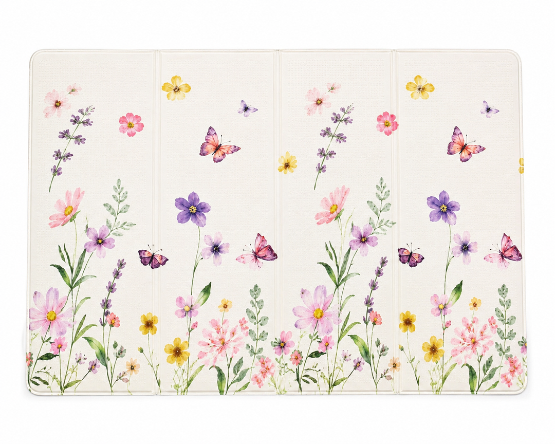 Foldable Baby Play Mat with Floral Butterfly Design, Soft Non-Slip Foam Floor Mat for Nursery, Toddler Playroom and Crawling Area