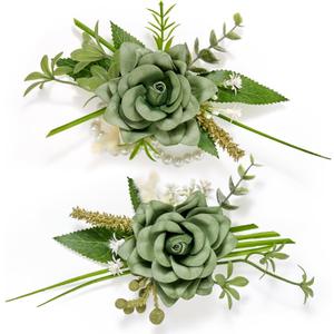 Serwalin 2 Pcs Wrist Corsage and Boutonniere Set, 6-7 Inch Green Corsage for Wedding, Boutonniere for Men Corsage Wristlet Prom Ceremony Anniversary Accessories Suit