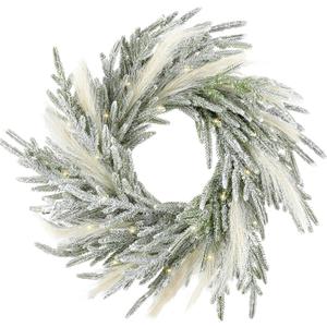 Juexica 19.7 Inch Lighted Christmas Wreaths for Front Door Flocked Norfolk Pine Wreaths with Boho Pampas Grass White Coastal Xmas Decor for Indoor Outdoor Wall Window Home Xmas Seasonal Decor
