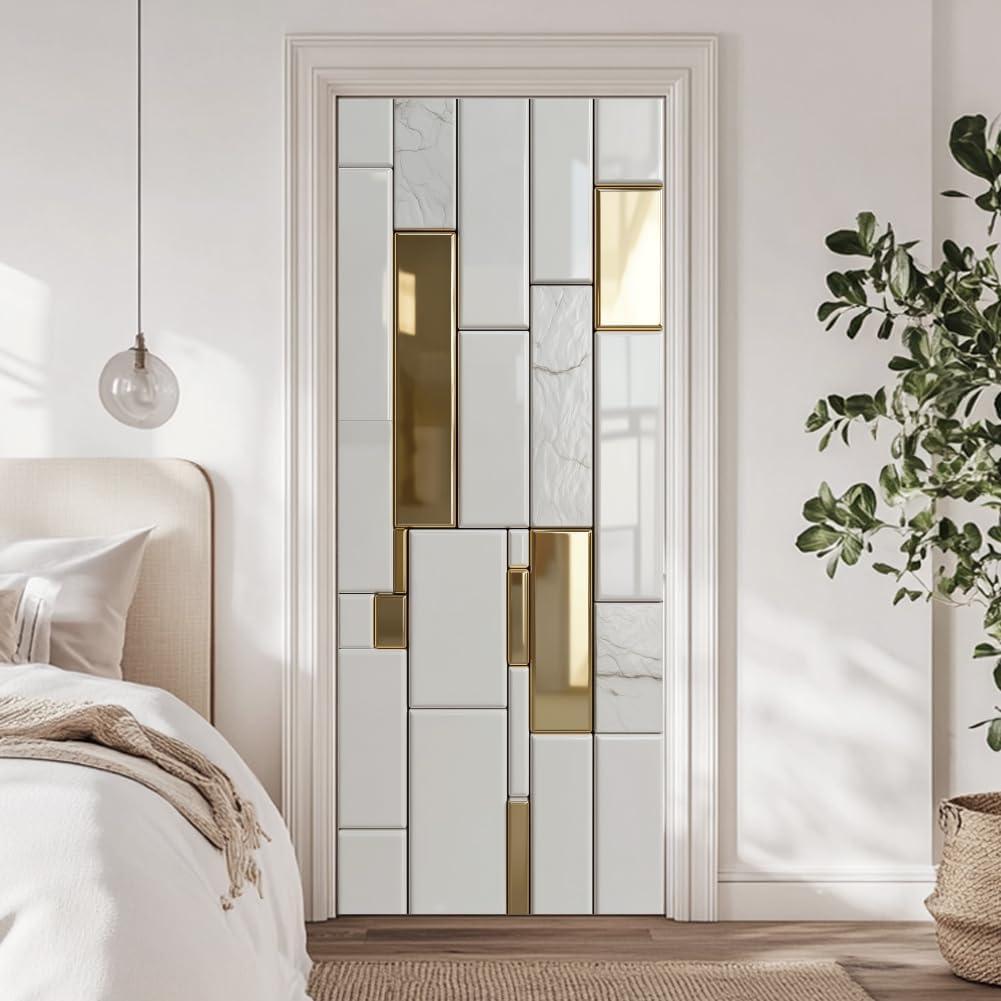 arricraft 2 Pcs 2D White Tile Gold Self-Adhesive Door Sticker, 31.5"x78.7" Modern Minimalist Style Murals Stickers PVC Removable Wallpaper Decoration for Bedrooms Living Room