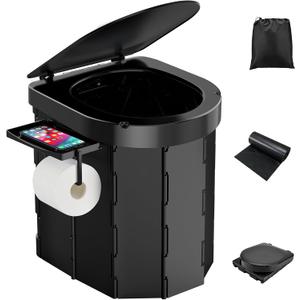 PAHTTO Portable Camping Toilet, Foldable Toilet for Adults with Detachable Phone Shelf and Toilet Paper Holder, Waterproof Porta Potty with Lid for Camping, Hiking, RV Travel, Road Trips (Black)